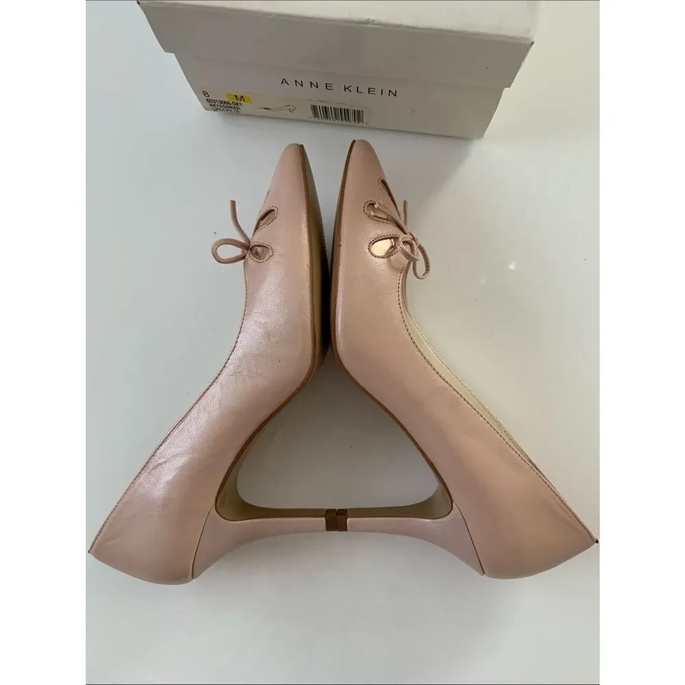 Anne Klein Blush Pointed-Toe Bow Leather Heels Flats Shoes Size 8